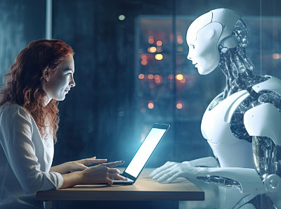Frau und Roboter vor einem Computer